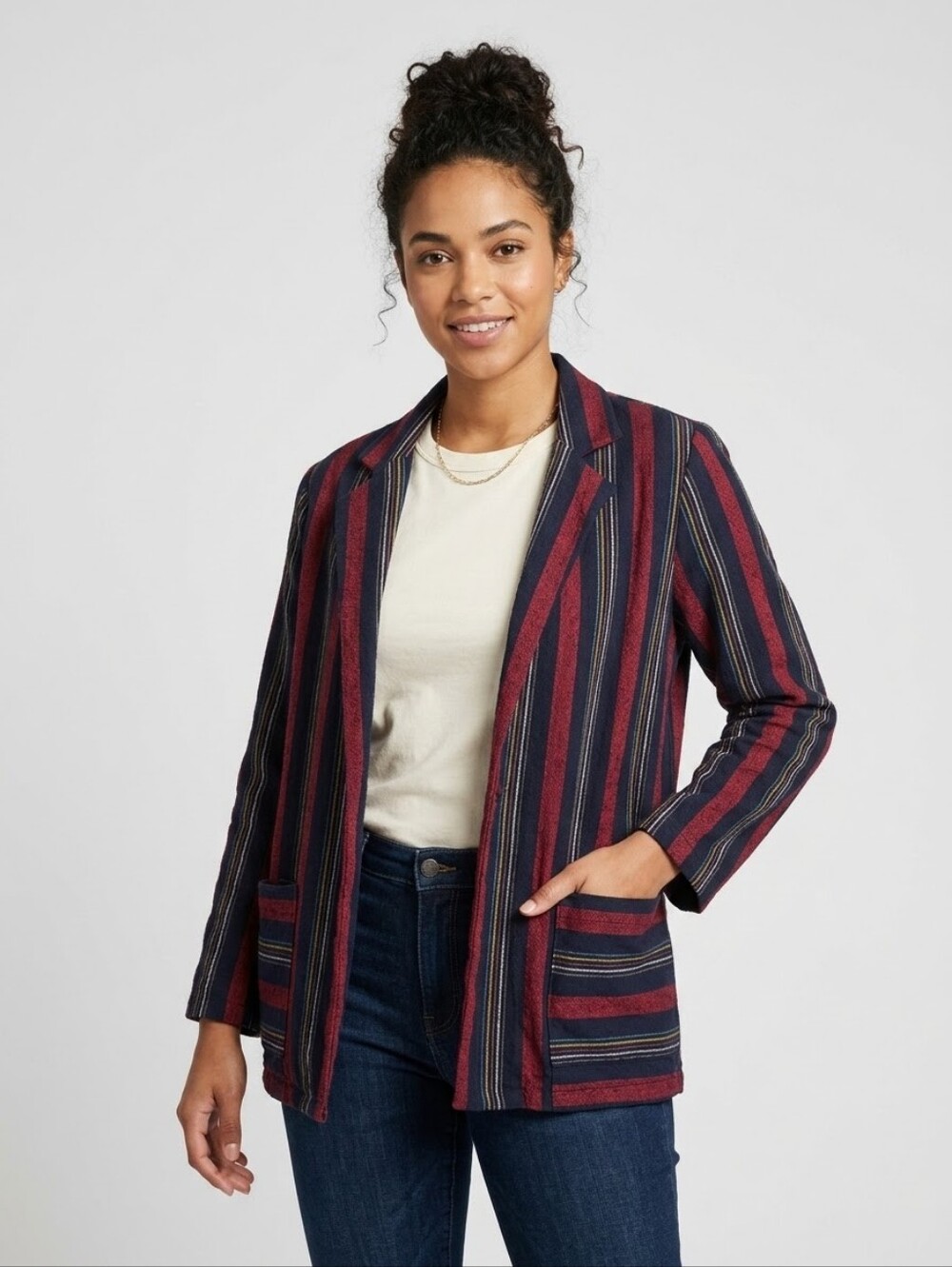 Vintage 80s Leslie Belle Stripe Open Front Blazer Jacket Medium Canada